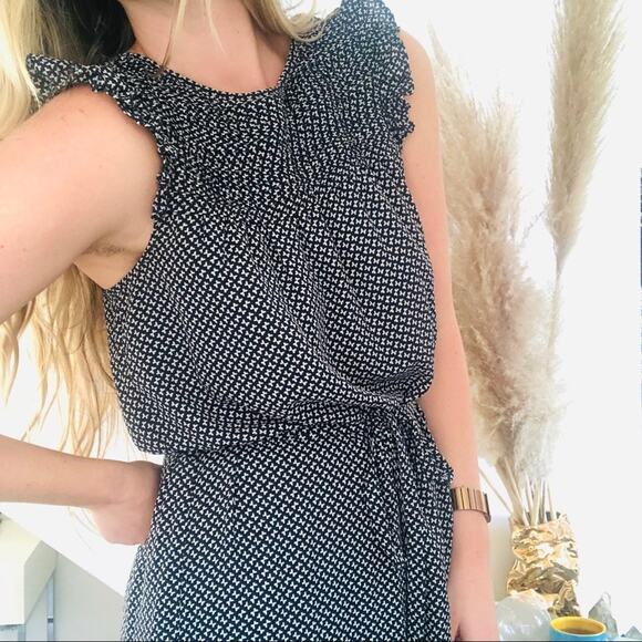 H&M Navy White Printed Pleated Smocked Ruffle Tie Waist Sleeveless Tank Dress 6 - Picture 5 of 7